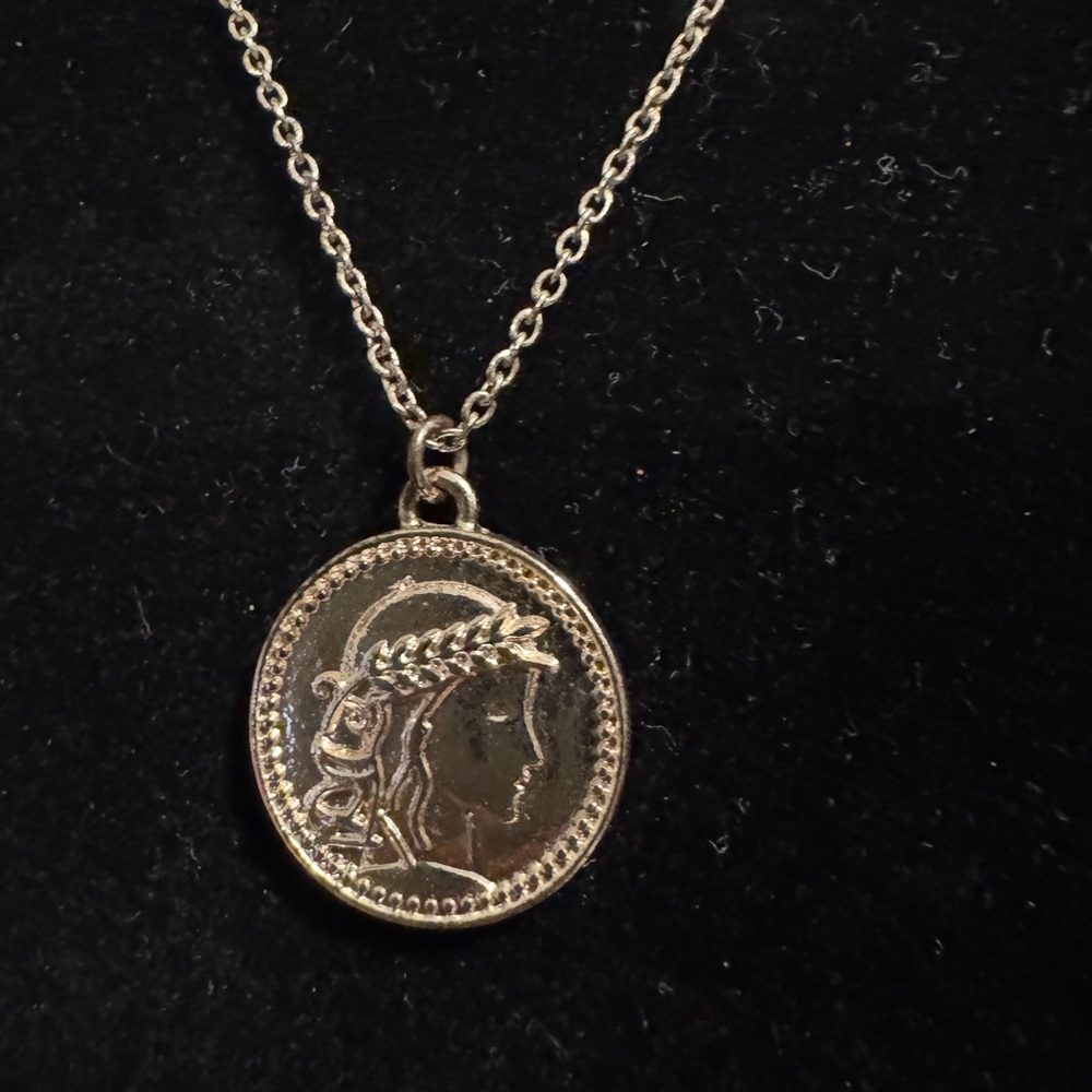 Greecian Cameo Silver Tone Greek Coin Pendant Necklace Greek god goddess